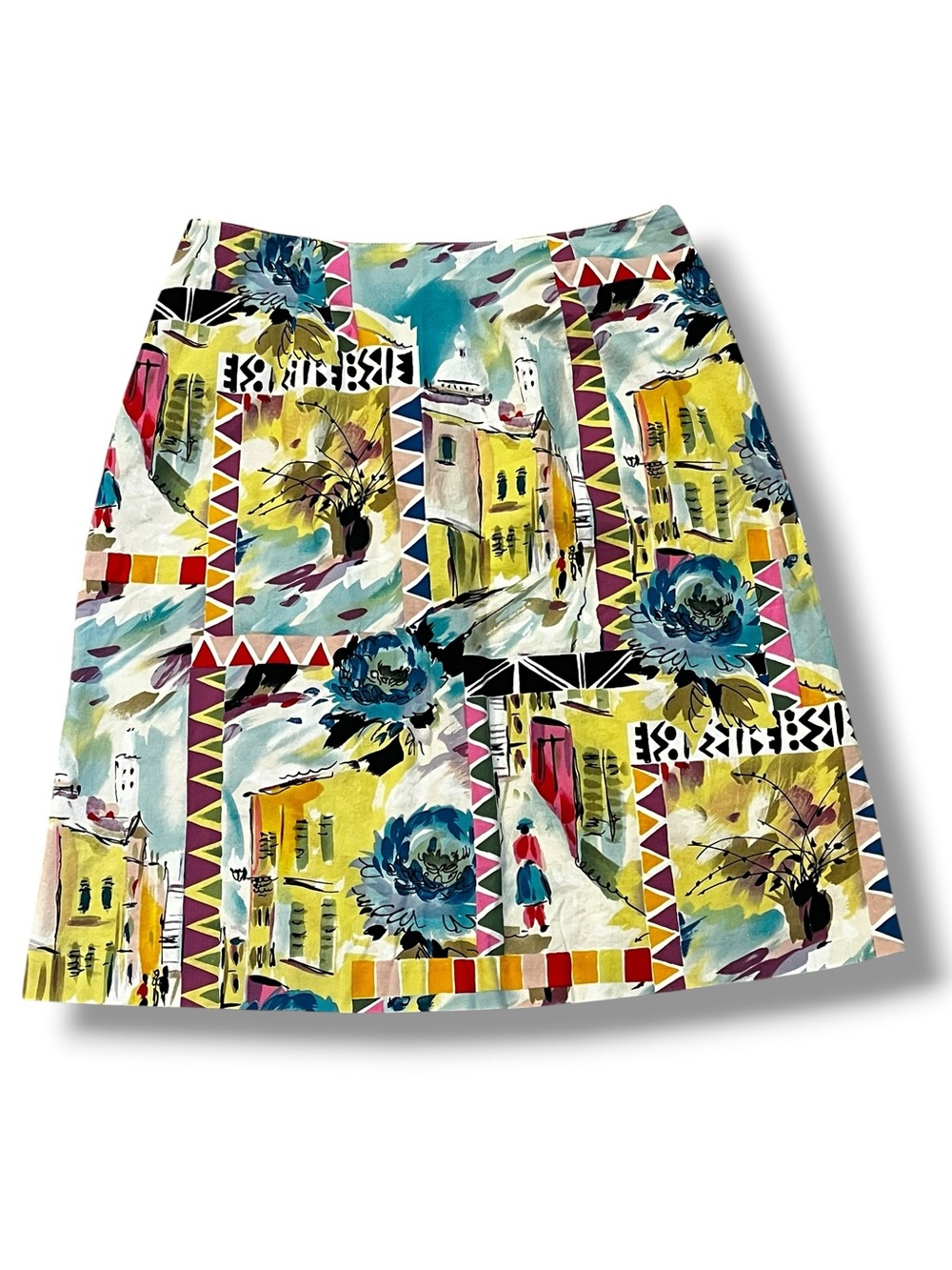 Sharon Young Skirt Size 8 Abstract City Scene Artsy Colorful Y2K Stretch Cotton